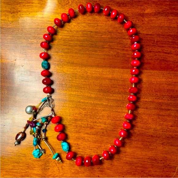 Faceted cranberry red stone and turquoise beaded necklace boho western statement - Picture 1 of 3